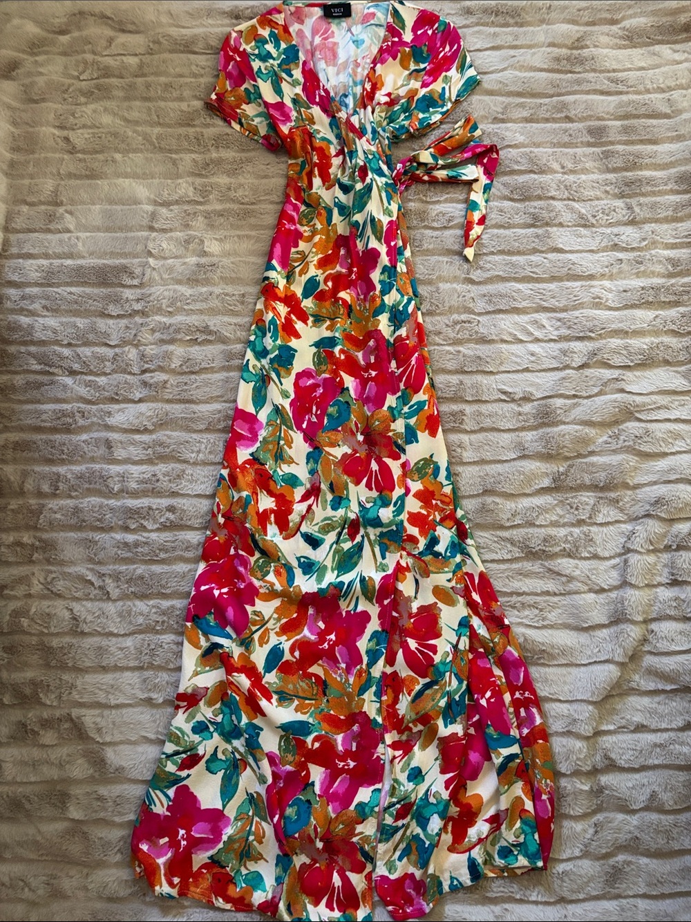 VICI Cream Floral Wrap Maxi Dress with Pink, Orange & Teal Blooms